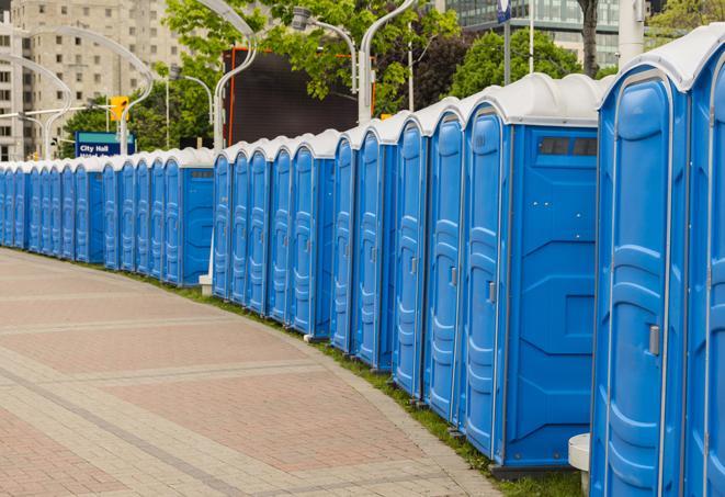 portable restrooms with sink and hand sanitizer stations, available at a festival in Edgemere